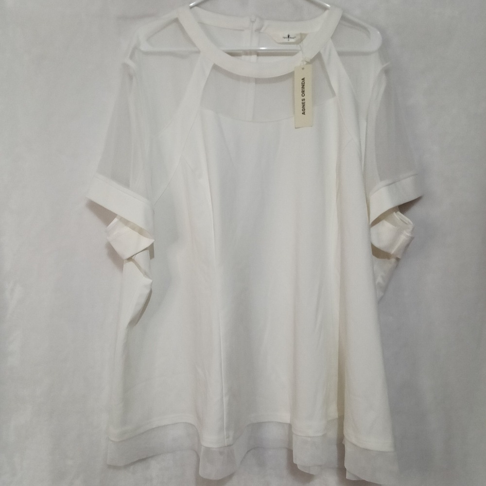 Agnes Orinda Womens Plus Size 4X White Mesh Panel Short Sleeve Blouse Top NWT